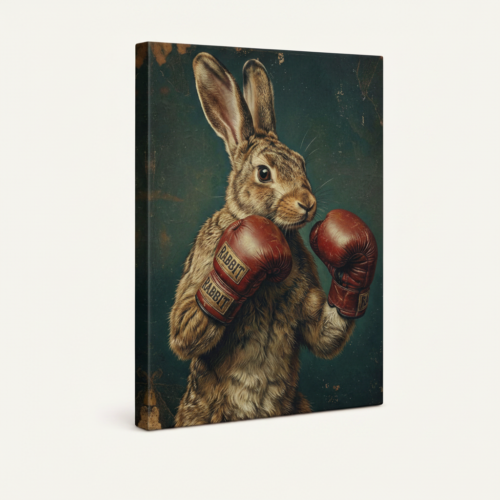 Vintage boxing rabbit gallery wrap canvas, portrait orientation white background product mockup