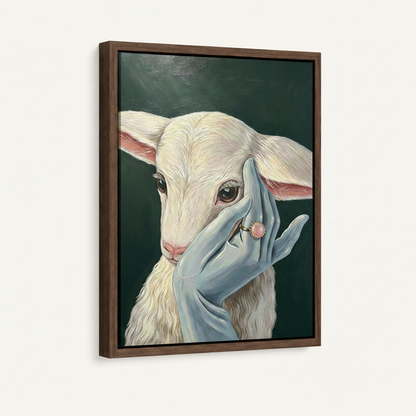  Floating frame canvas wall art featuring whimsical lamb portrait, three-quarter product view