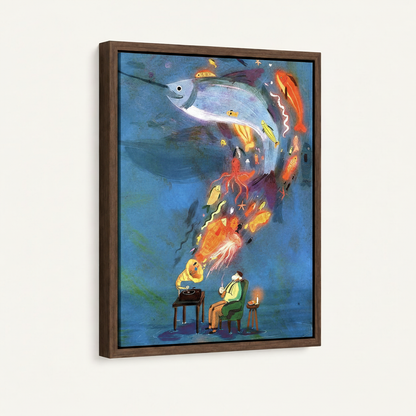 Dark walnut float frame canvas featuring dreamy surrealist music ocean illustration product shot