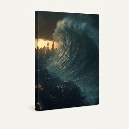 Gallery-wrap stretched canvas featuring dramatic teal and gold tsunami wave over city skyline, side angle