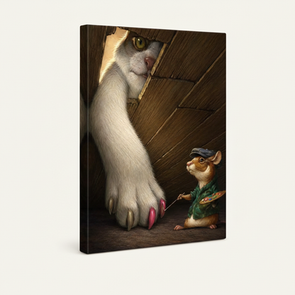 Gallery-wrap stretched canvas of whimsical mouse artist and cat paw illustration, warm golden tones, side angle view