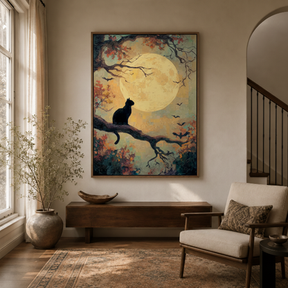 Japanese black cat moon canvas wall art in reading nook – zen night illustration with black cat on branch and full moon as serene calming wall accent by Aurewall