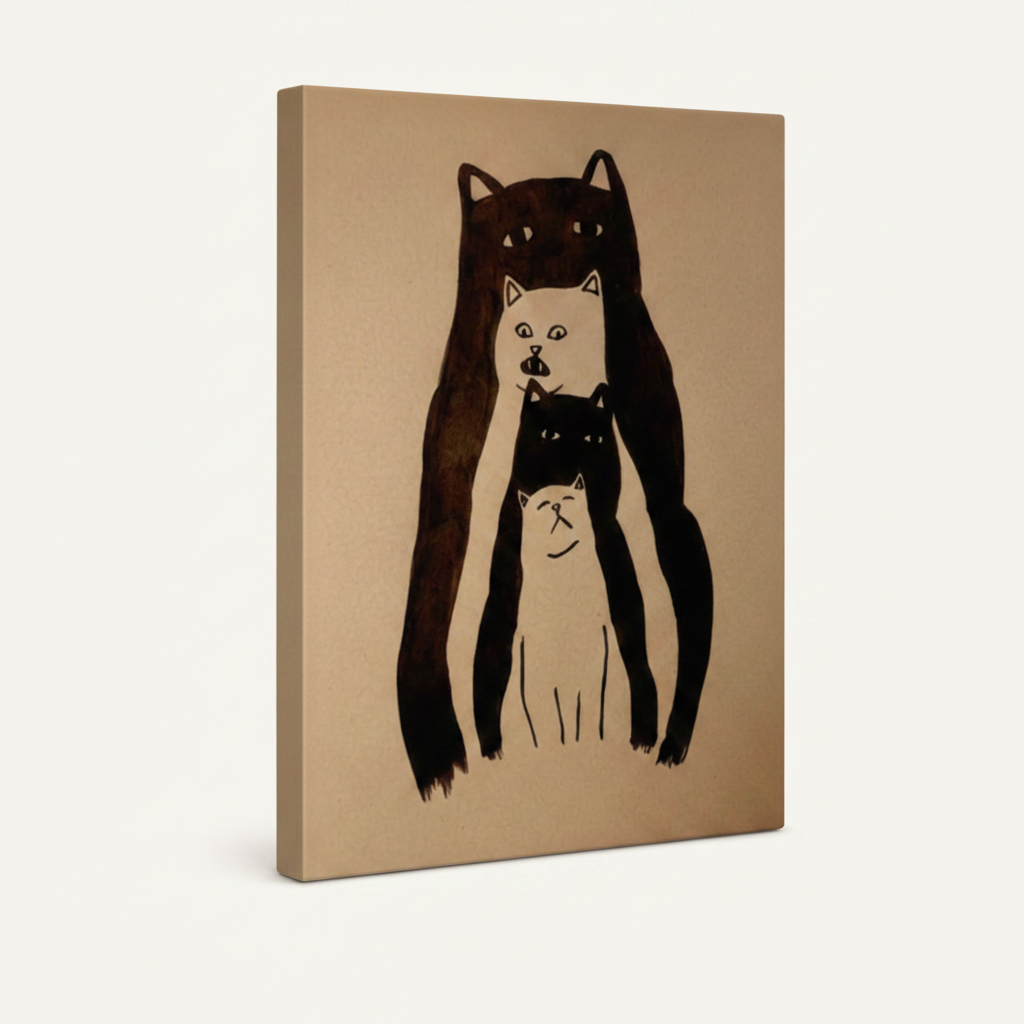 Whimsical cat totem ink illustration gallery-wrapped stretched canvas, 3/4 side view with warm beige wrap edges