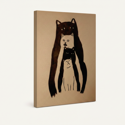 Whimsical cat totem ink illustration gallery-wrapped stretched canvas, 3/4 side view with warm beige wrap edges