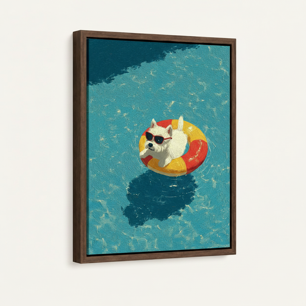 Framed pool dog impasto canvas with dark walnut frame mounted on off-white wall