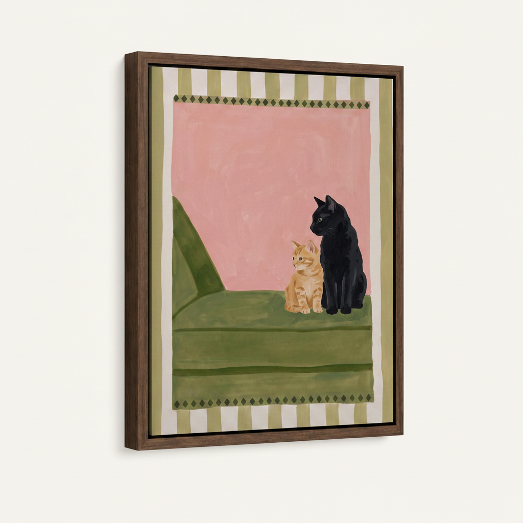Framed two cats wall art with dark walnut float frame, cat lover canvas print detail view