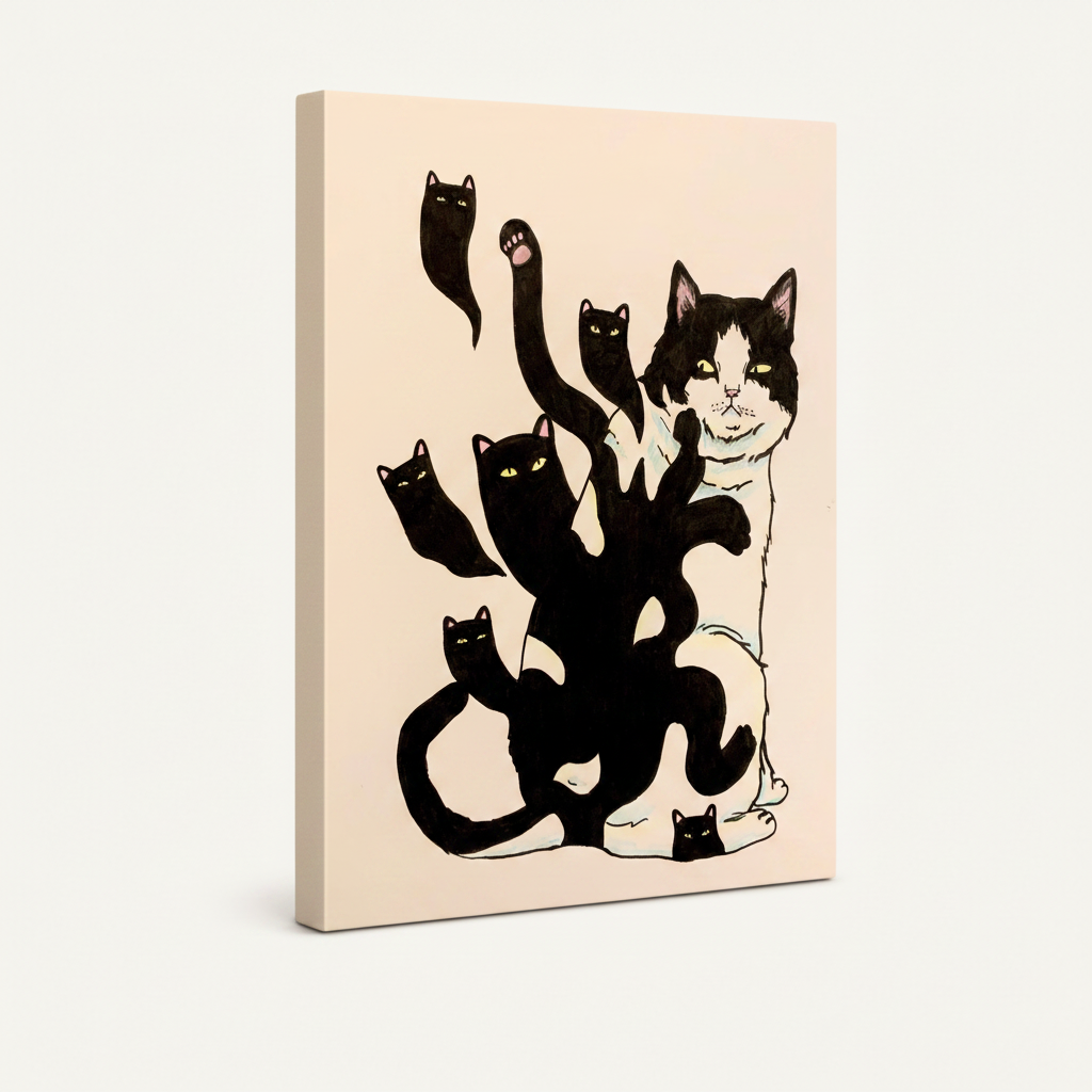 Whimsical cat ink illustration gallery-wrapped stretched canvas, 3/4 side view with cream-colored wrap edges