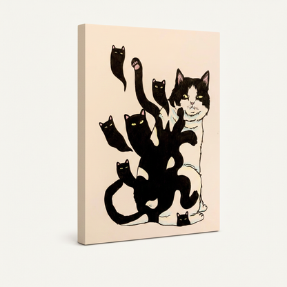 Whimsical cat ink illustration gallery-wrapped stretched canvas, 3/4 side view with cream-colored wrap edges