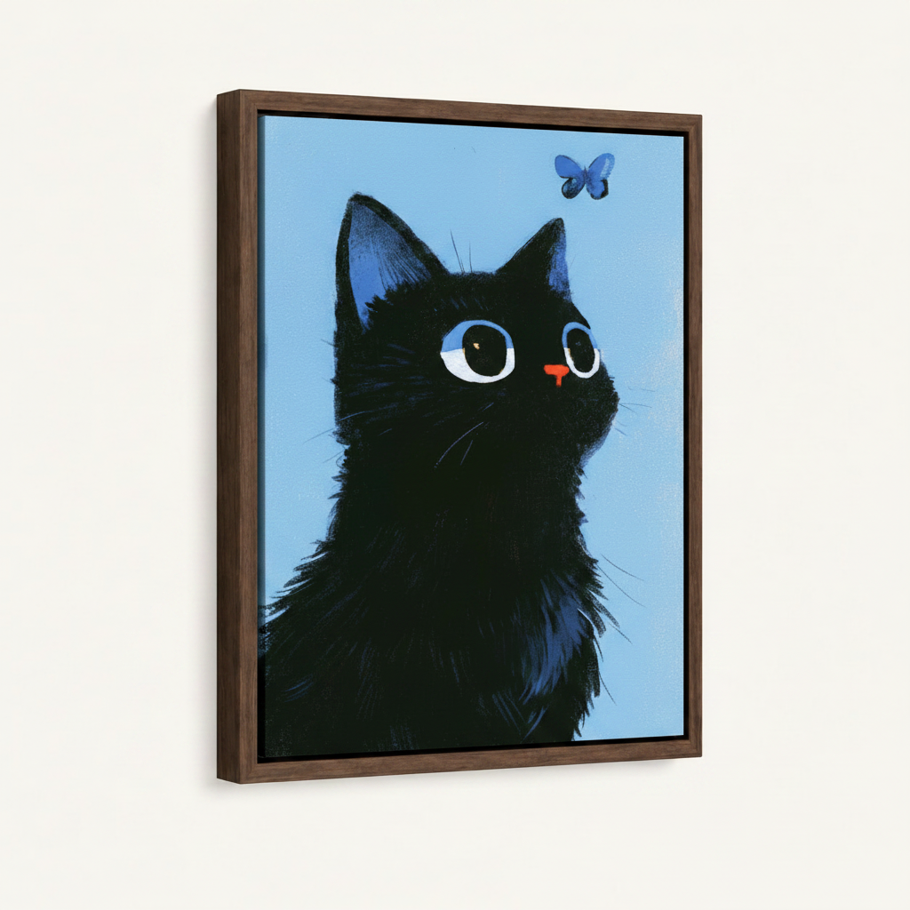 Float frame canvas wall art featuring a curious black cat and blue butterfly on light blue background
