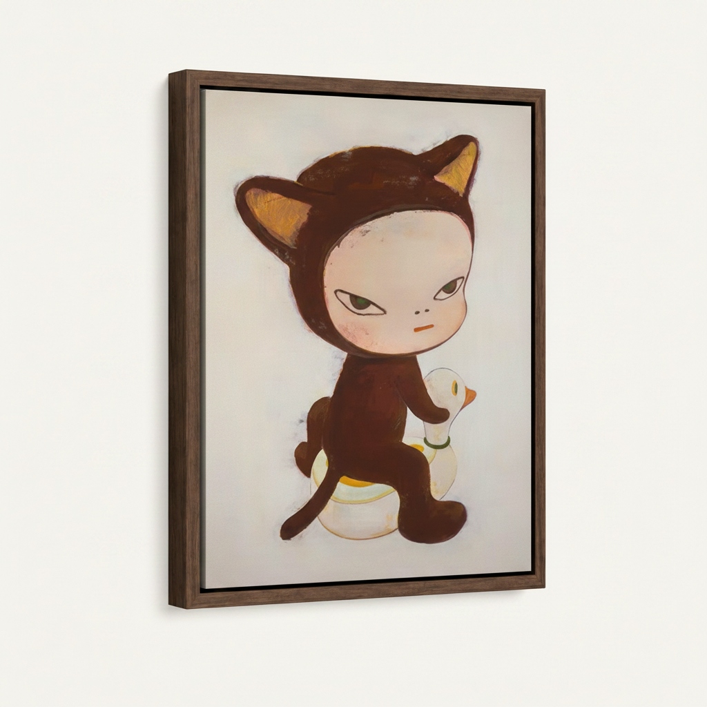 Framed canvas whimsical cat girl wall art with dark walnut float frame, product detail view