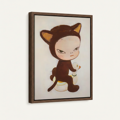 Framed canvas whimsical cat girl wall art with dark walnut float frame, product detail view