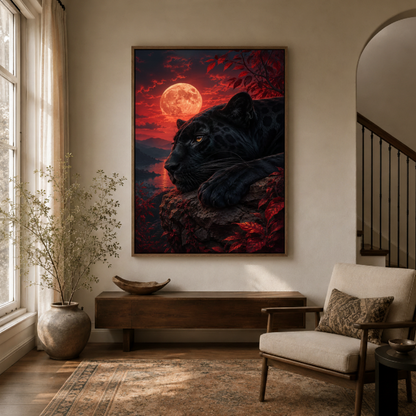 Black panther blood moon canvas wall art in entryway – dark dramatic wildlife oil painting as powerful striking hallway statement piece by Aurewall