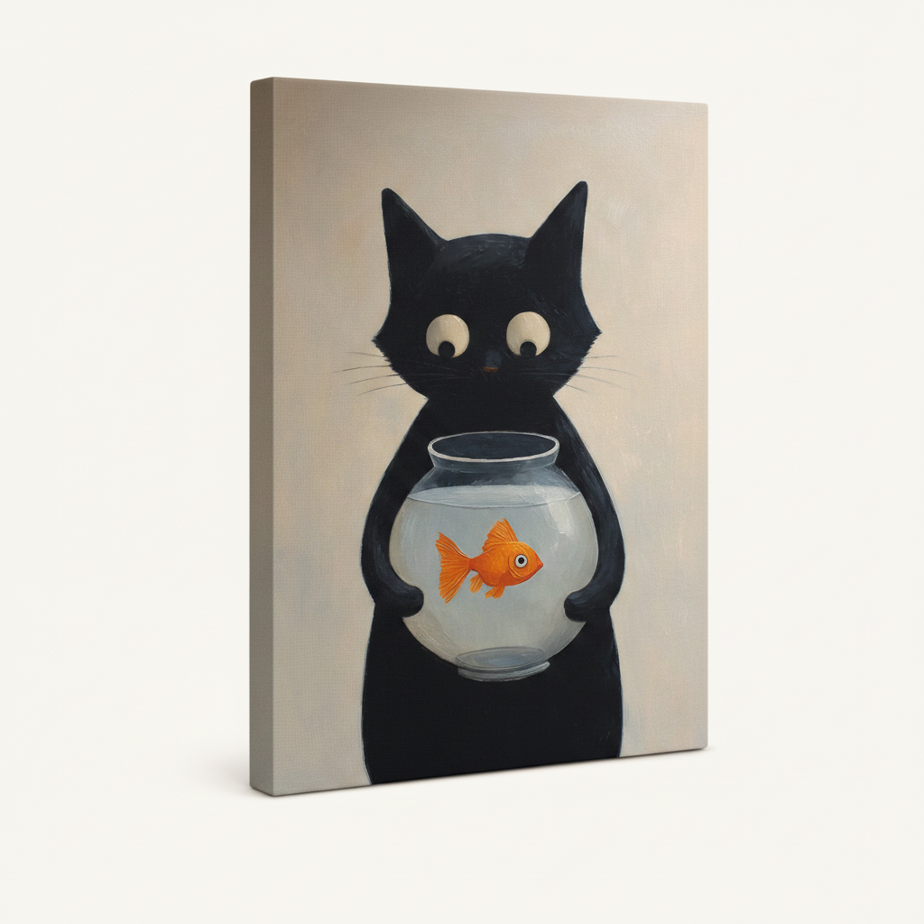 Funny cat goldfish gallery wrap stretched canvas on white background perspective view
