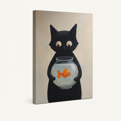 Funny cat goldfish gallery wrap stretched canvas on white background perspective view
