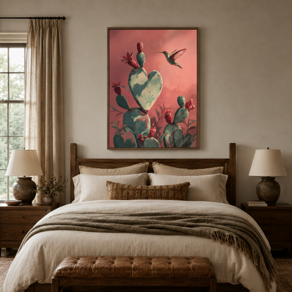 Cactus hummingbird botanical canvas print in bedroom – warm Southwest oil painting with coral pink sky heart cactus and hummingbird as romantic boho wall decor by Aurewall
