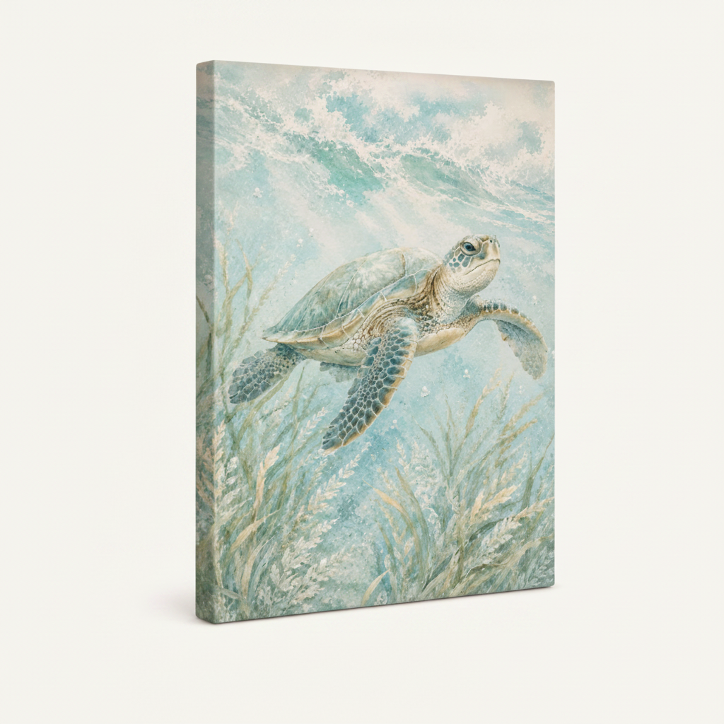 Gallery-wrap stretched canvas of green sea turtle gliding through aqua ocean water, soft sage tones, side angle view