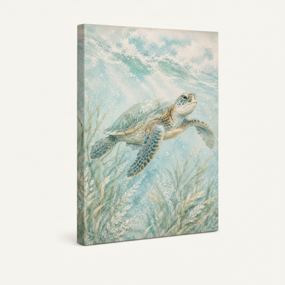 Gallery-wrap stretched canvas of green sea turtle gliding through aqua ocean water, soft sage tones, side angle view