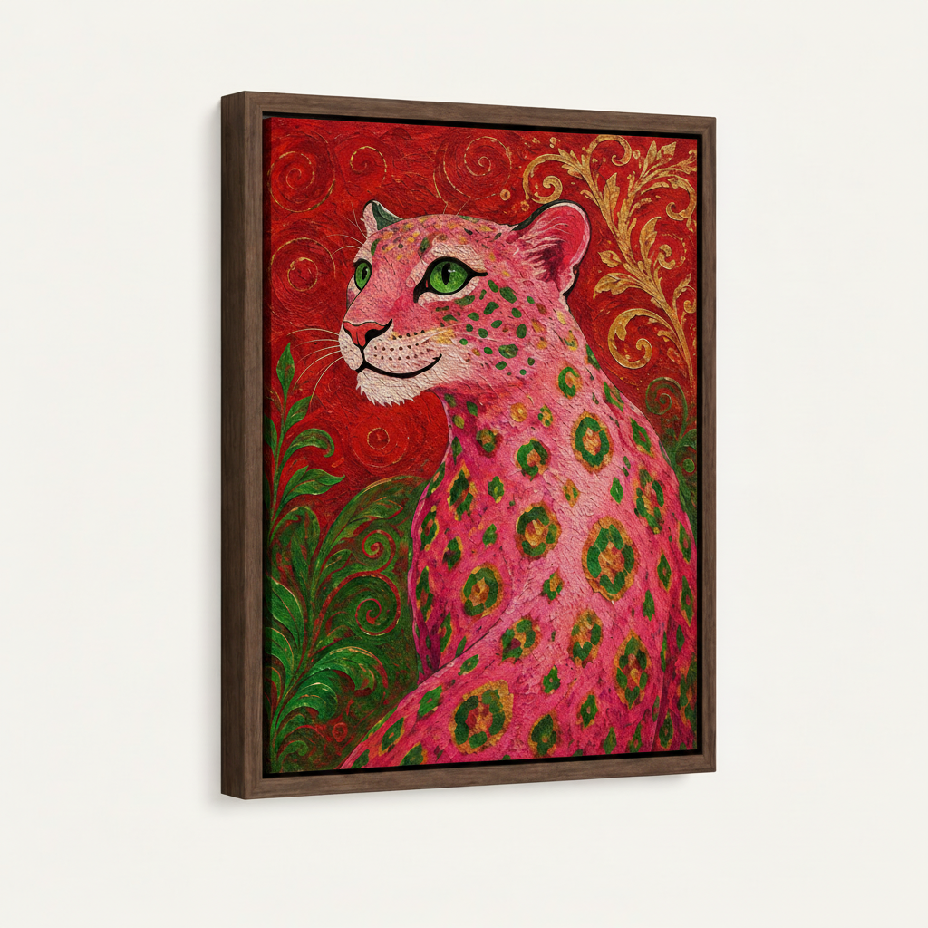 Pink leopard baroque canvas in dark walnut floating frame shown at 3/4 angle on white background