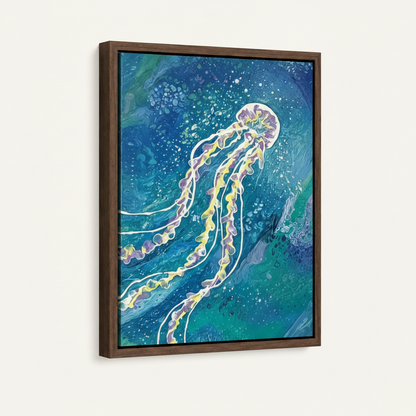 Floating frame jellyfish ocean canvas wall art with swirling teal background, three-quarter product view