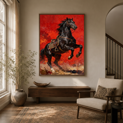 Bold black horse red sky canvas wall art in entryway – dramatic oil painting with rearing black stallion as striking powerful hallway statement piece by Aurewall