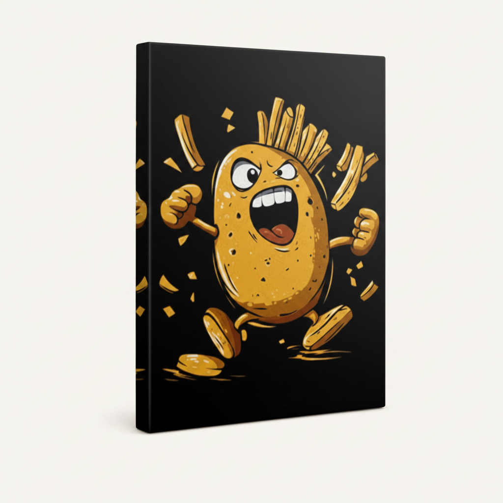 Angry potato cartoon gallery wrap stretched canvas print product shot on white background side angle
