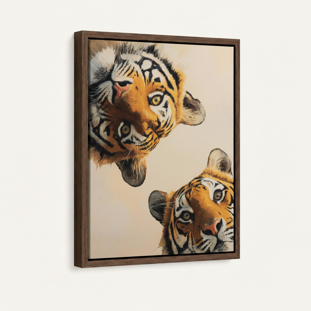 Framed two tigers wall art with dark walnut float frame, bold wildlife canvas print detail