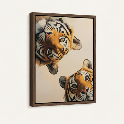 Framed two tigers wall art with dark walnut float frame, bold wildlife canvas print detail