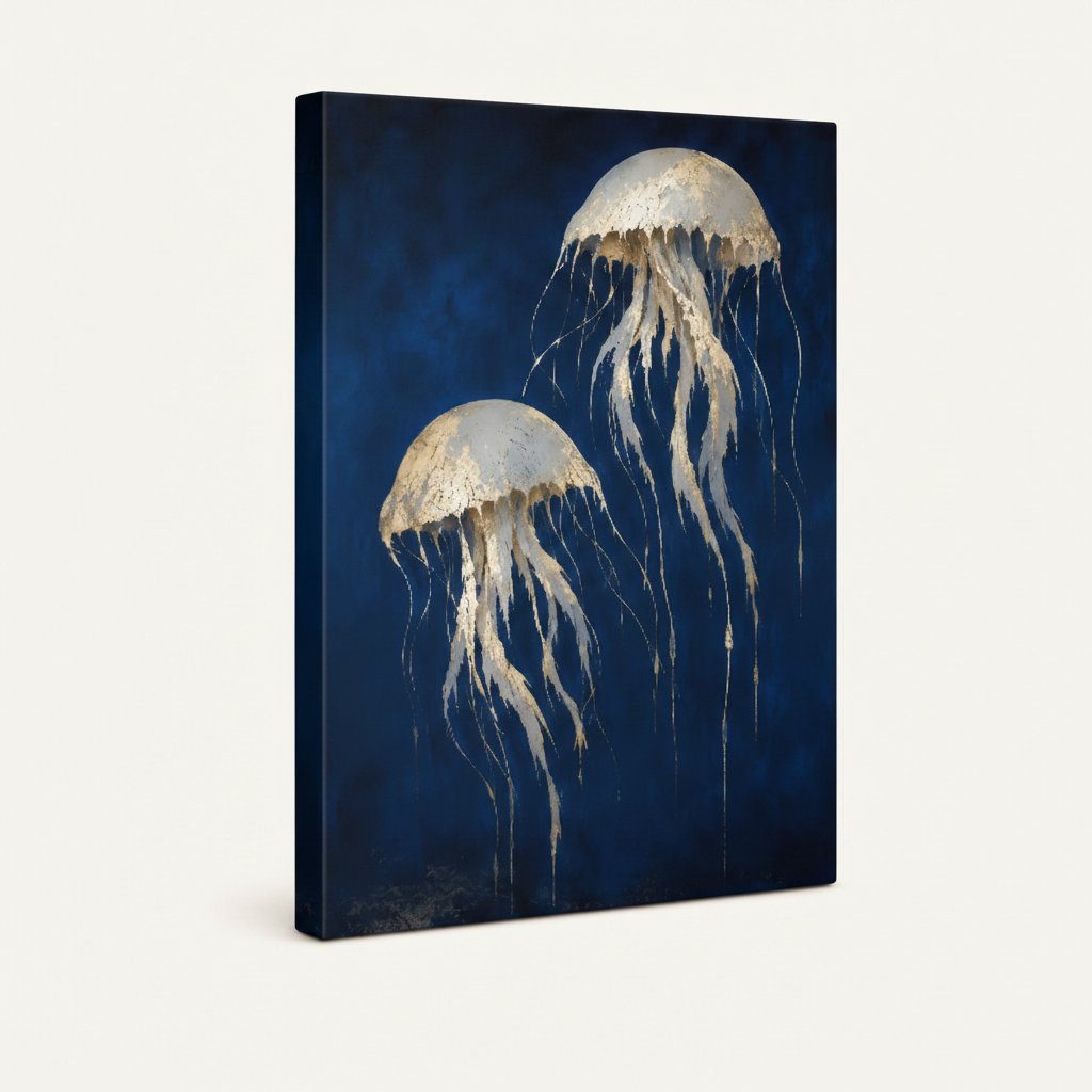 Gallery wrap gold jellyfish canvas with deep navy blue painted edges on off-white background