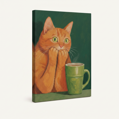 Gallery wrapped canvas featuring a shocked orange tabby cat with green coffee mug, angled product shot