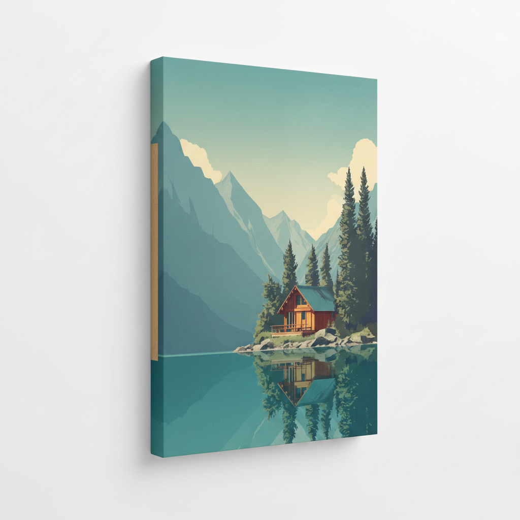 Minimalist lake cabin stretched canvas print – unframed mountain reflection nature illustration with pine trees and snow-capped peaks by Aurewall