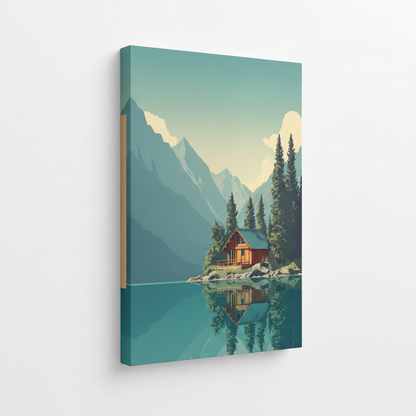 Minimalist lake cabin stretched canvas print – unframed mountain reflection nature illustration with pine trees and snow-capped peaks by Aurewall