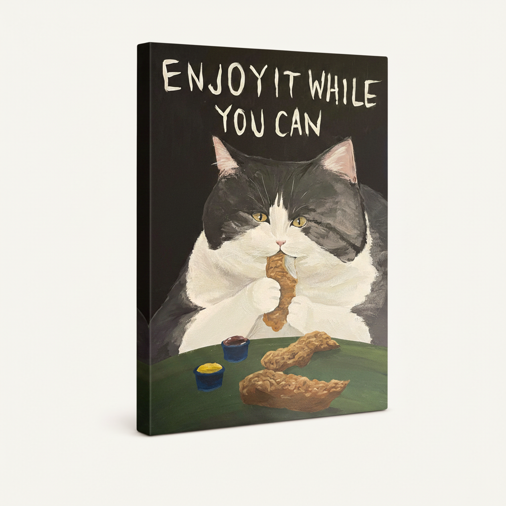 Funny cat fried chicken gallery-wrapped stretched canvas, 3/4 side view with black wrap edges