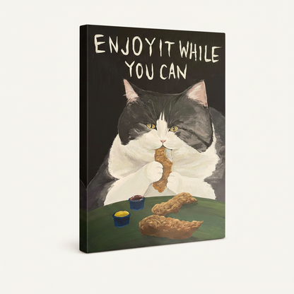 Funny cat fried chicken gallery-wrapped stretched canvas, 3/4 side view with black wrap edges