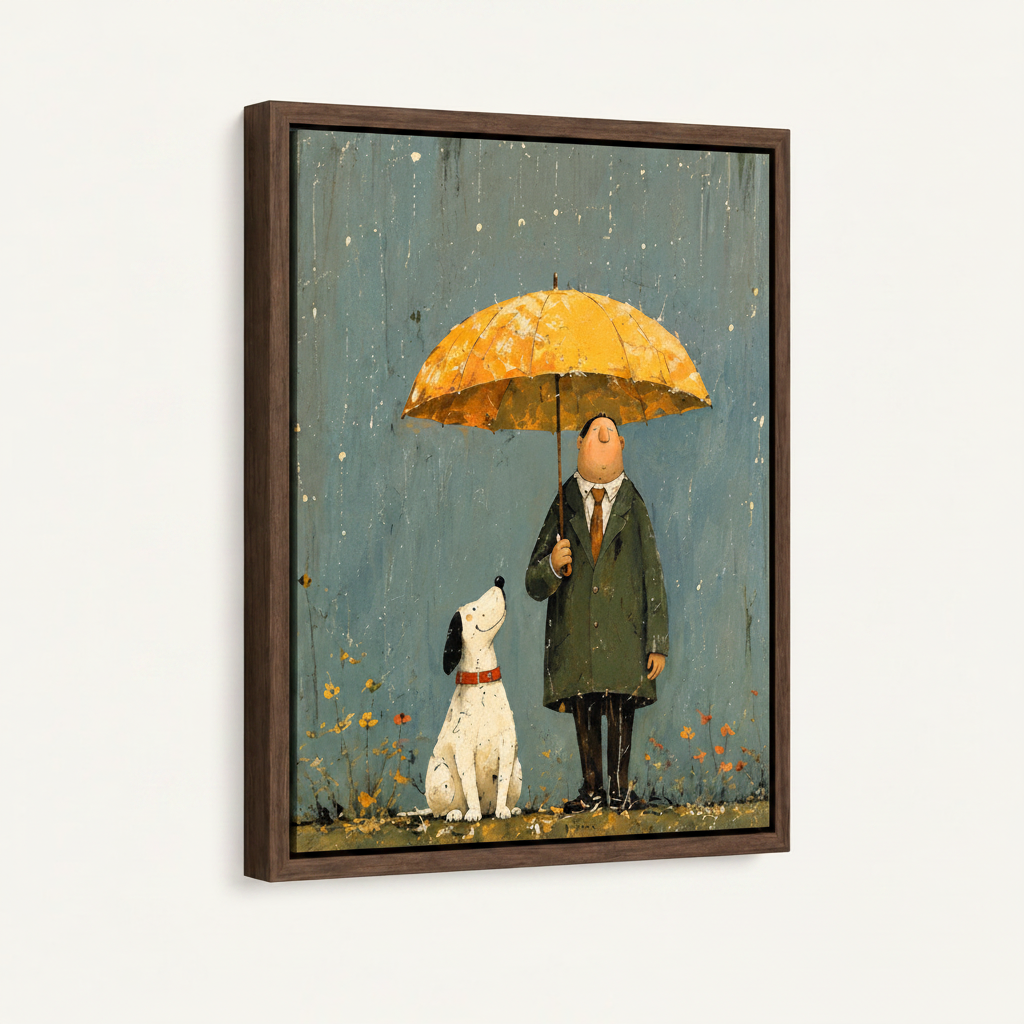 Framed whimsical dog lover wall art with dark walnut float frame, rainy day illustration detail