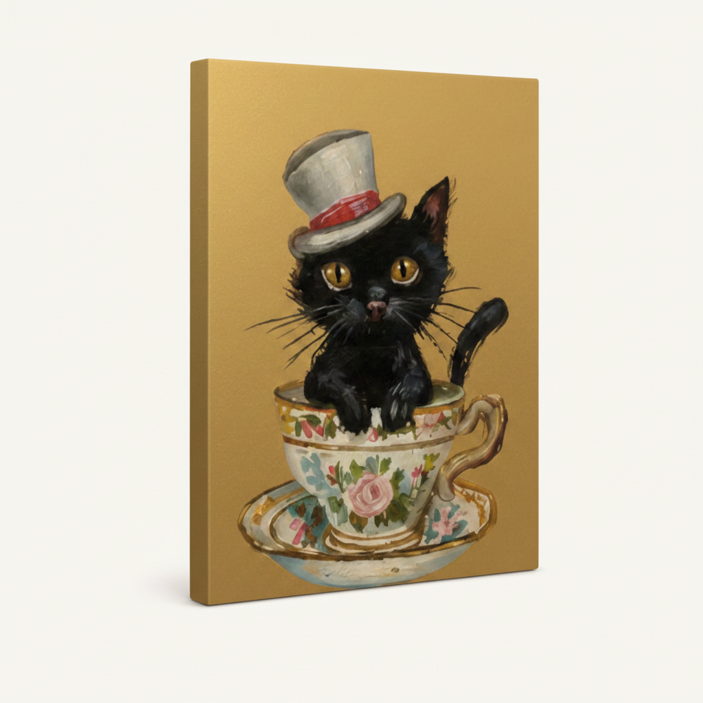 Stretched canvas Victorian cat wall art with warm gold background wrap on white background