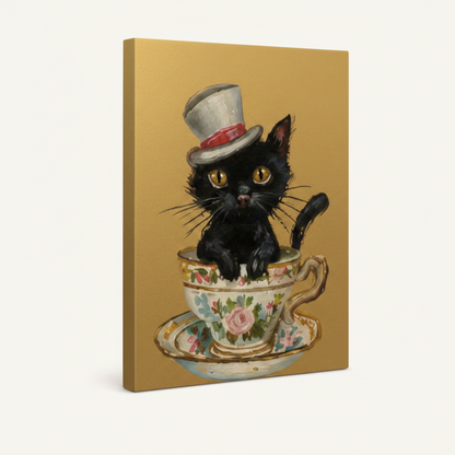 Stretched canvas Victorian cat wall art with warm gold background wrap on white background