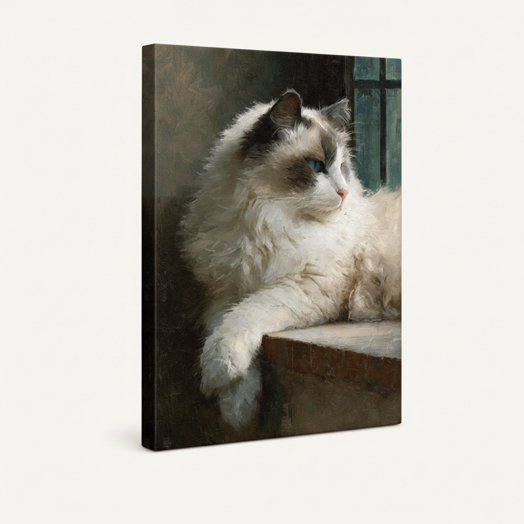 Stretched canvas gallery wrap of classical Ragdoll cat portrait, side angle view on cream background