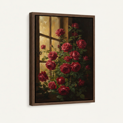 Framed red roses oil painting canvas in dark walnut float frame, angled product view on white background