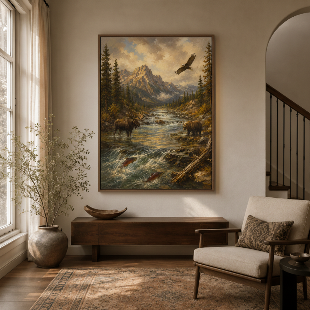 American wilderness canvas wall art in study – classic bear eagle mountain oil painting as grand nature statement piece by Aurewall