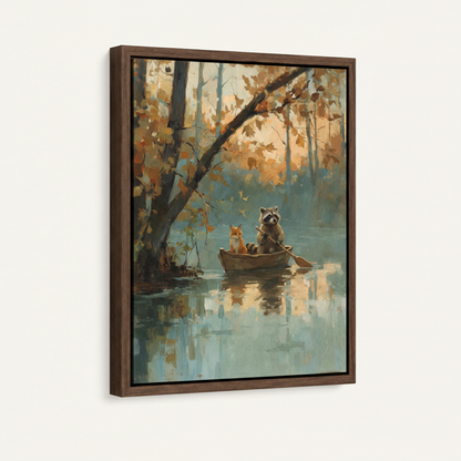 Framed canvas woodland wall art featuring fox and raccoon in boat with dark walnut float frame