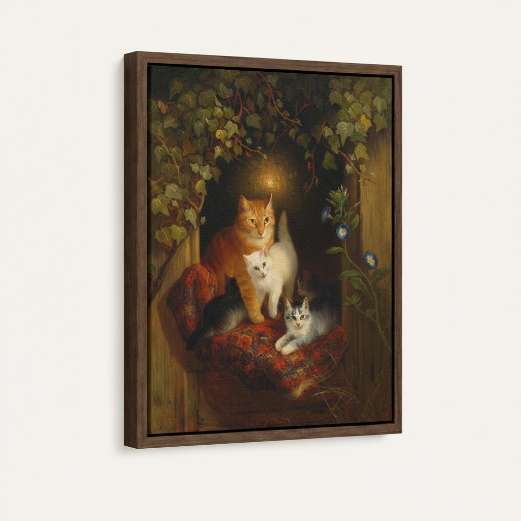 Framed canvas Victorian cat family wall art – mother cat with kittens in ivy hollow by Aurewall
