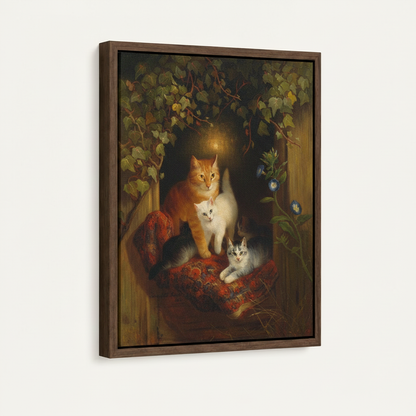 Framed canvas Victorian cat family wall art – mother cat with kittens in ivy hollow by Aurewall