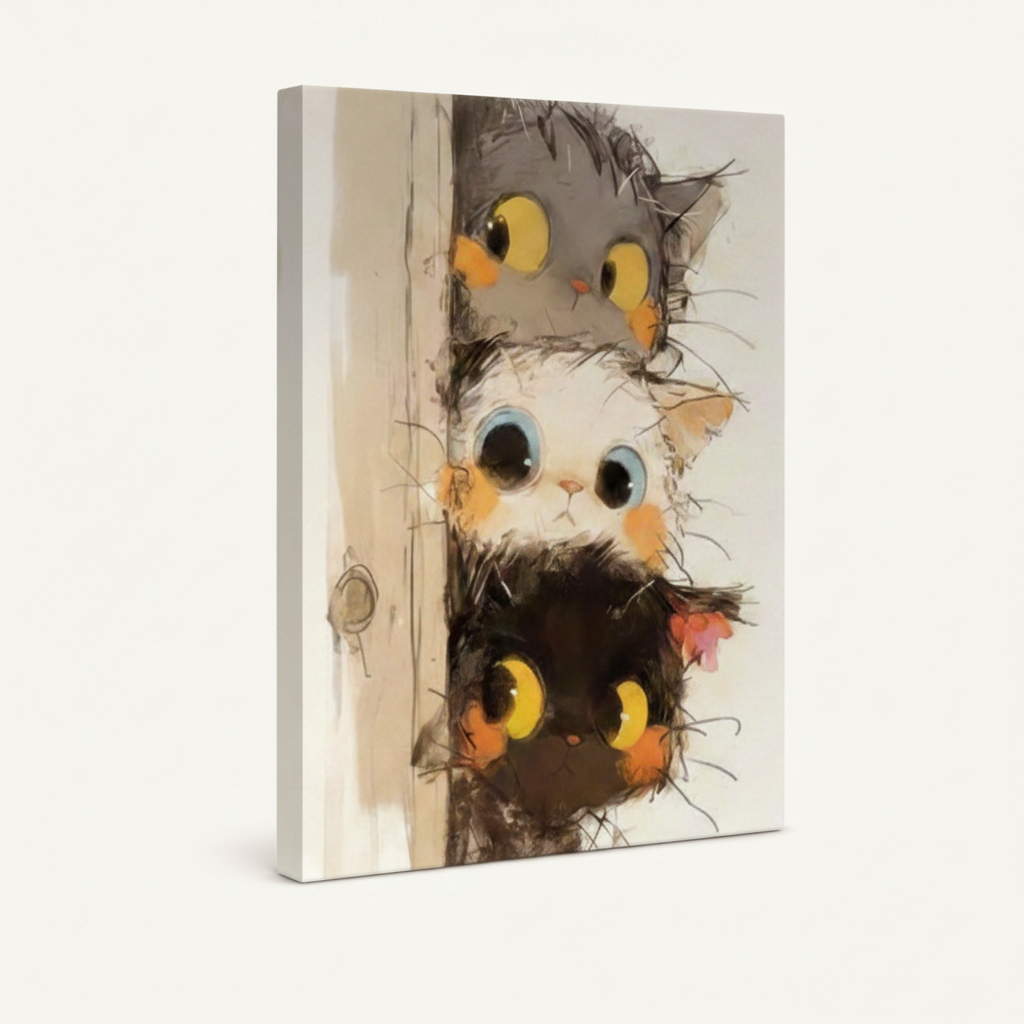 Stretched canvas wrap with whimsical three cats peeking around door watercolor art, 3/4 angle view