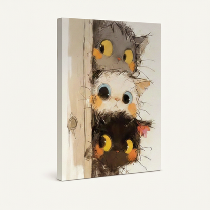 Stretched canvas wrap with whimsical three cats peeking around door watercolor art, 3/4 angle view