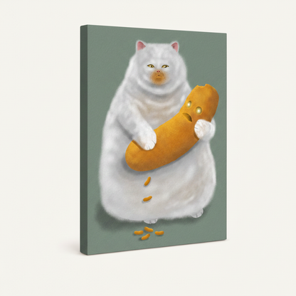 Chubby white cat sausage illustration on gallery-wrapped canvas, side angle view
