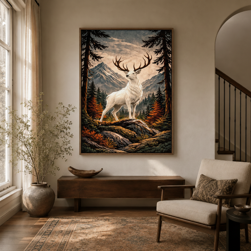 White stag forest fantasy canvas wall art in entryway – mystical wildlife painting with white deer and pine woodland as dramatic hallway piece by Aurewall