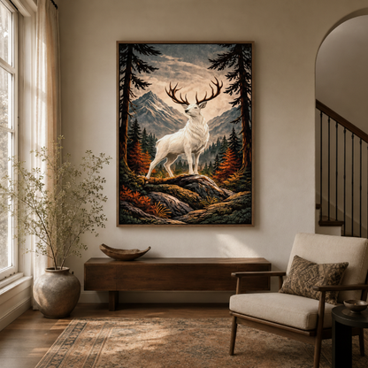 White stag forest fantasy canvas wall art in entryway – mystical wildlife painting with white deer and pine woodland as dramatic hallway piece by Aurewall