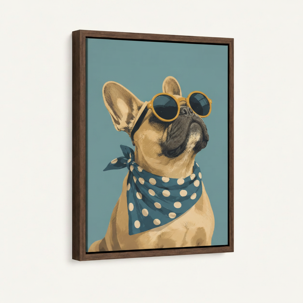 French Bulldog retro pop art canvas in dark walnut floating frame shown at 3/4 angle on white background