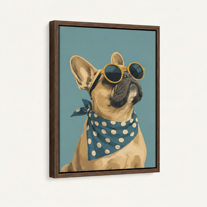 French Bulldog retro pop art canvas in dark walnut floating frame shown at 3/4 angle on white background