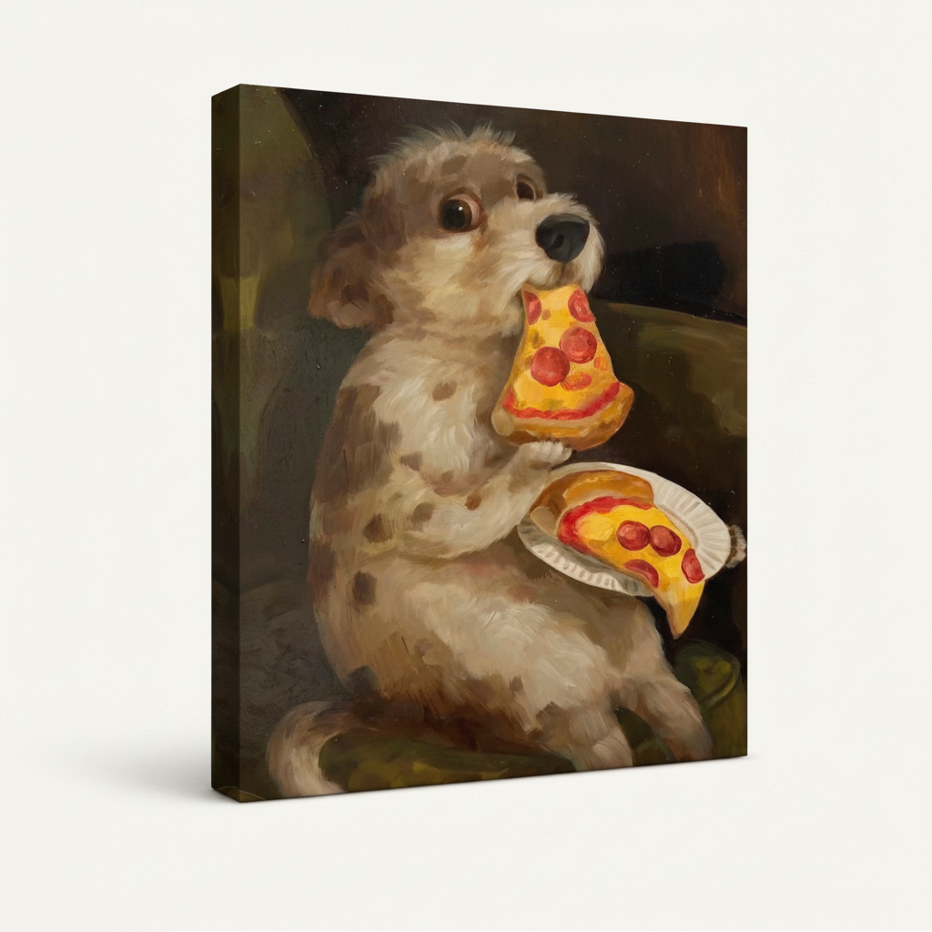 Gallery wrap canvas of fluffy dog eating pizza, frameless angled view showing painted edges